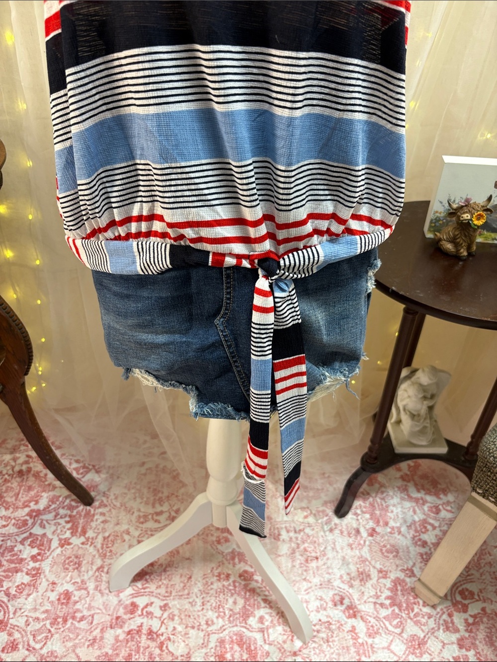 SJS Striped Halter Tie-Front Tank Top in Red, Blue & Black - Picture 2 of 7
